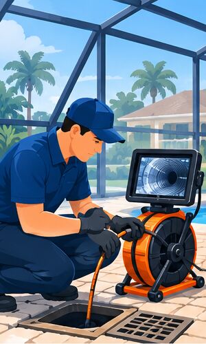 Technician lowering a camera into a patio drain